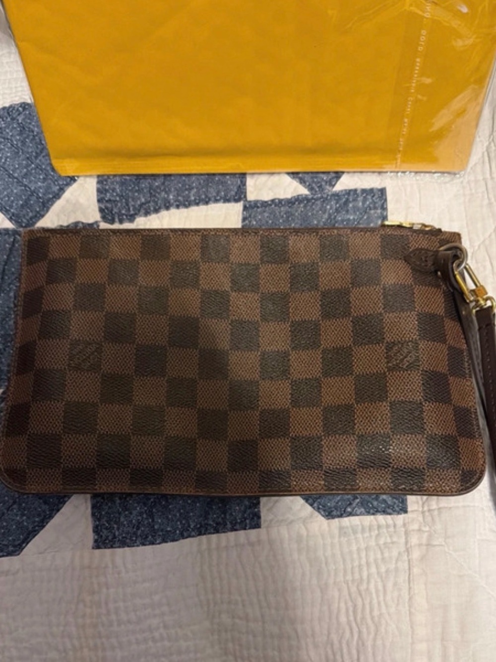 Louis Vuitton Neverfull Wristlet Damier Ebene Pouch Brown.